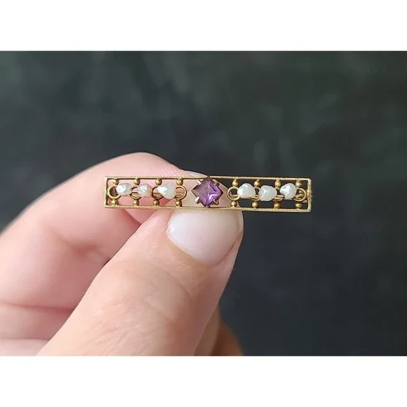 Antique 14K Yellow Gold Amethyst & Natural Pearl Bar Brooch - Picture 1 of 10